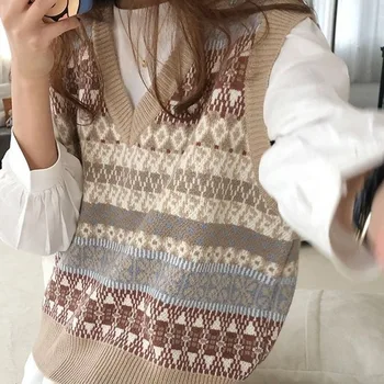 Majice Telovniki Ženske Pletene Mozaik Puloverju Proti-vrat Vse-match Znotraj Ženska Študentov v korejskem Slogu Harajuku Vintage Moda