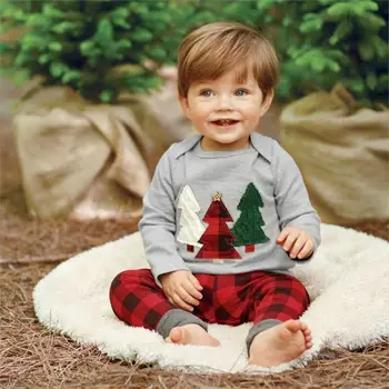 Malčka Otrok Baby Fantje, Dekleta Obleke Božična Drevesa Božič Vrhovi T Shirt Kariran Hlače, Obleke Set