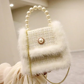 Mink krzno Pearl Tote vrečko 2020 Moda New Visoke Kakovosti Volne Žensk Oblikovalec Torbici Verige Ramenski Messenger Bag Telefon Torbice