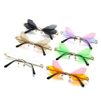Moda Rimless Dragonfly Krilo Sončna Očala Ženske Letnik Dvojni Barve Krila Sončna Očala Moških Jasno Ocean Leče Za Očala Roza Rumena