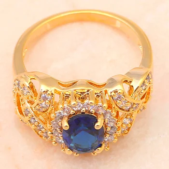 Nežen Ton Zlata Uhan Ogrlica, Prstan Nakit Set Cirkon Avstrijski Blue Crystal Ring Sz #8 #7 #9 JS431