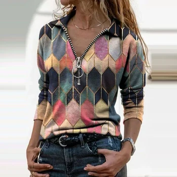 Nova Modna ženska Majica Jeseni Tiskanja Proti-Vrat T-Shirt Priložnostne Dolgo Sleeved Zadrgo Slim Elegantne Ulice Ženski Top 2021