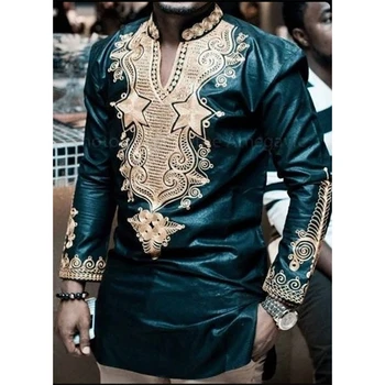 Novo 2021 Moda Afriške moška T-shirt Bogato Bazin Tiskanja Vrhovi Shirt Obleko z Dolgimi Rokavi za Afriške Obleke Človek Športna Oblačila