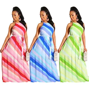 Novo Prispeli Moda Multicolors Proge Priložnostne Obleko z O Krila Vrat brez Rokavov črto Dolžina Tal Prosti čas Ženske Dolga Obleka