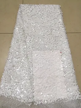 Novost 3D francoski čipke z belo sequins Aplicirano 5 metrov/veliko 2018 najnovejše design Afriške Čipke Tkanine Za Poročno Obleko sequins