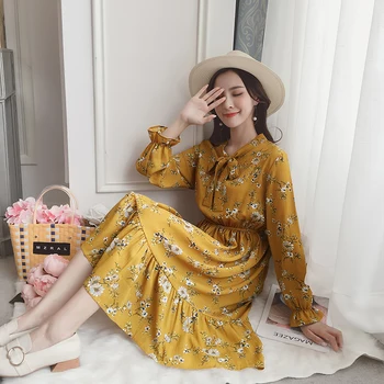 Obleke, Ženske Cvetlični Elegantno Kawaii Preprost Lok Vse-tekmo Pomlad Poletje Dolgo sleeved Šifon Dihanje Tanke korejski Modni Stil