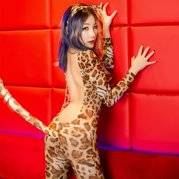Odraslih Spolne Fantazije Cosplay Skušnjavi, Obleka, Sexy Odprite Mednožje Leopard Jumpsuit Backless Glej Skozi Porno Stranka Obleka Lady