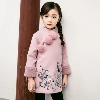 Otroške zimske novo dekleta Kitajsko vezene volnene obleko otrok nacionalni veter debele obleke otroci roza dlak cheongsam