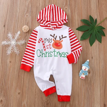 Pudcoco Newborn Baby Oblačila Moj 1. Božič/Zahvalni Tiskanja Dolg Rokav Prugasta Hooded Romper Jumpsuit enodelno Obleko
