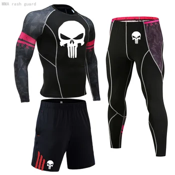 Punisher Stisnjen Oblačila Moški Usposabljanja, določene Športne Shirt Mens košarka dokolenke 3 kos obleke, Moške, Tek za nego kože kompleti