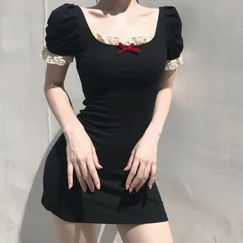 Rdeča Letnik Poletni Ženske Bowknot Suh Mini Obleka Black Visoko Pasu Bodycon Plašč Obleke za Ženske do leta 2020 Vroče Prodaje Kratek Rokav