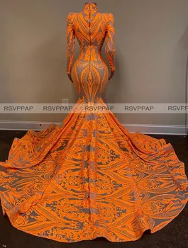 Sparkly Oranžna Dolgo Prom Obleke 2020 Visoko Vratu Dolg Rokav Visoko Vratu Seksi Afriške Ženske Črna Dekleta Morska Deklica Bleščica Maturantski Oblek