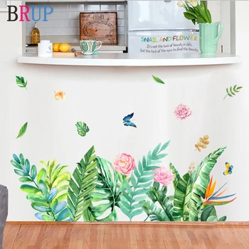Sveže Zelene Rastline Stenske Nalepke Barvit Cvet Home Decor Art Listov Ozadja Beautiful Butterfly Soba Dekoracijo Izmenljive