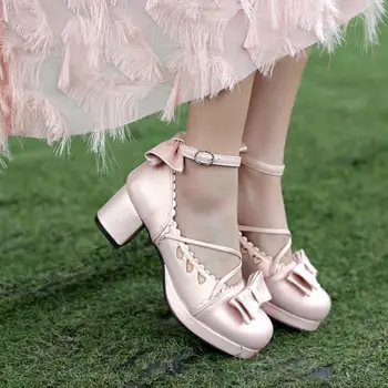 Sweet lolita čevlji kawaii dekle bowknot križ povoj ženske čevlje japonski letnik debele pete krog glave cosplay čevlji loli