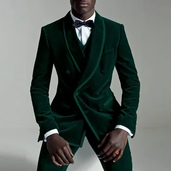 Temno Zeleni Mah, Slim Fit Moške Obleke z Dvojno Zapenjanje Maturantski Poroko Tuxedos 2019 Padec 3 Kos Moški Set Obleka Jakna Telovnik Hlače