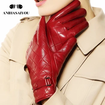 Tople zimske ženske usnjene rokavice, vezenih kvadratnih kratek toplo pravega usnja zimske rokavice ženske ovčje kože rokavice L121NC