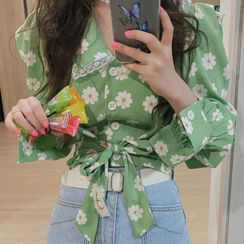 Tujec Kitty 2020 Pomlad Novo Korejsko Šifon Cvjetnim Tiskanja Bluzo Rokavi Ženske Puff Rokavi Ženske Urad Srajce Lady Bluzo Obleke