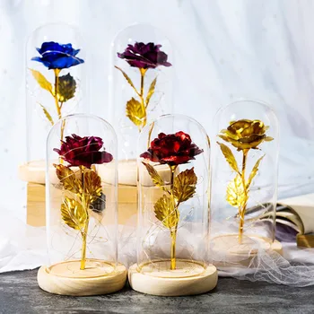 Umetne Vrtnice Cvetovi LED Luči Lepoto Zver V steklen Pokrov Poroko Božič Dom Dekor za Mamo valentinovo, Darila