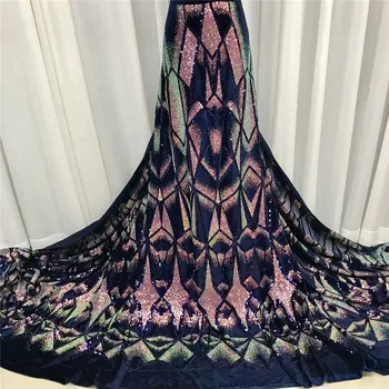 Visoka Kakovost Afriške Čipke Porjavelost Tkanine, kraljevsko modra francoski žamet Čipke Tkanine Sequins Nigerijski Čipke Tkanina Za Poročne obleke