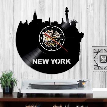 ZDA Moderne Stenske Ure New York City Skyline Vinil Zapis Ure Potovanja Letnika LP Ura Kip Svobode Stenski Dekor trgovina s Spominki