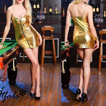 Ženske Seksi Eksotičnih PU Usnje Obleka Špagete Trakovi Spredaj Zadrgo Mini Obleke Slim Seksi Catsuit Clubwear Plus Velikost 4XL