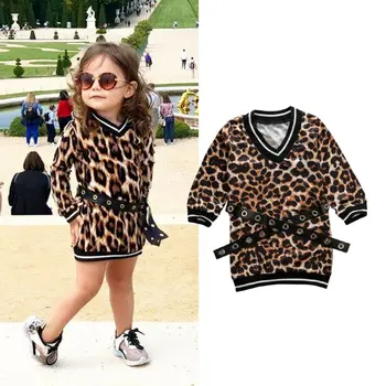 1-6T Malčka Otroci Baby Dekle Leopard Obleko Eleganten Dolg Rokav V Vratu, ohlapno Moda Ulične Leopard T Shirt Obleko