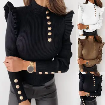 2020 Modo Jeseni, Pozimi Ženske Pulover Z Dolgimi Rokavi Rebro Turtleneck Gumbi Ruffle Bombažno Bluzo Ženski Prostem Delovne Obleke