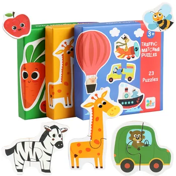 24Pcs Lesene Sestavljanke za otroke, Risanka živali/sadja, zelenjave/vozila 3 slogi Montessori Zgodnjega Učenja Izobraževalne Igrače