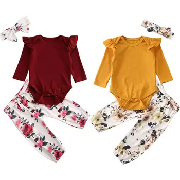 3PCS Newborn Baby Girl Obleke Trdna Dolgimi Rokavi, Posadke Vratu Ruffle Vrhovi Romper Cvet Dolge Hlače Glavo Moda Obleko 0-18 M