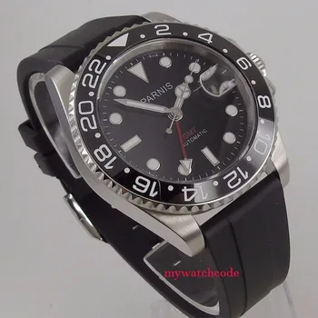 40 mm Parnis črna številčnica, Safirno steklo gume trak rdeče GMT samodejno mens watch
