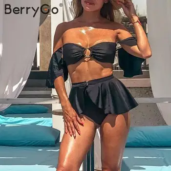 BerryGo Visoko pasu bikini Mujer Off ramenski kopalke ženske Push up kopalke Seksi obroč kopalke ženske Ruffle bikini komplet