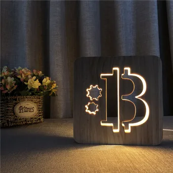 Bitcoin Obliko Lesena 3D LED Lučka Izdolbla-out Noč Svetlobe Toplo Bela Tabela USB Napajanje, kot Prijatelja Darilo Padec Ladijskega prometa