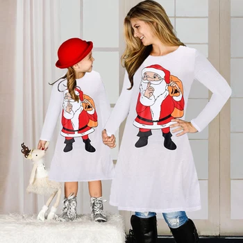 Božič Družinski Obleko Jeseni, Pozimi Mati Hči Dolg Rokav Santa Claus Tiskanja Obleko Mamica In Me Družino Ujemanje Oblačila