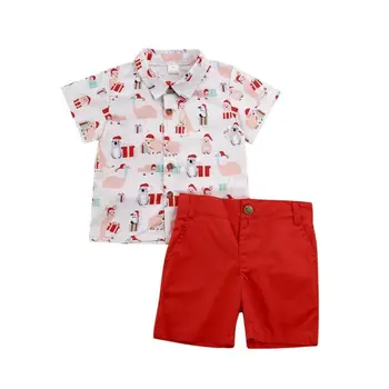 Božič malčka fant obleko kratek rokav risanka natisnjeni palčni majica rdeče hlače modni ljubek dojenček fant obleke