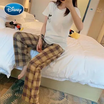 Disney Mickey Kratek Rokav Kariran Rezervoar Svoboden Priložnostne Ženske Pižame Nastavite Risanka Kratek Rokav Domov Nosijo Pižamo Mleko Svilene Set