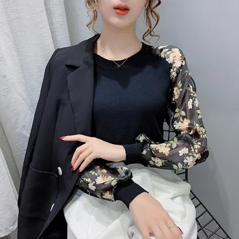 Eleganten Pulover Ženske Vrhovi Jeseni, Pozimi Nove korejske modne Puloverji Pleteni Mozaik Šifon majica