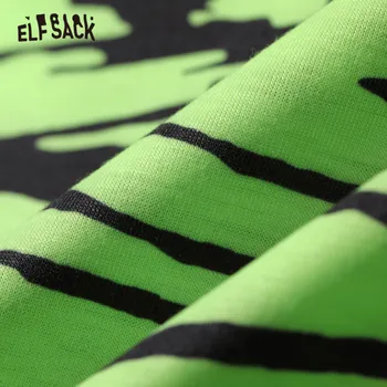 ELFSACK Harajuku Leopard Priložnostne Majice Ženske Vrhovi,2020 Jeseni ELF Zelene Trakove Kratek Rokav korejske Ženske Dnevno Osnovne Tee