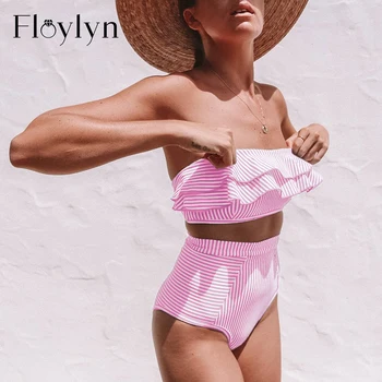 Floylyn Seksi Ruffles Visoko Pasu Bikini Kopalke Ženske Brez Naramnic Bikini Komplet Kopalke Prugasta Tiskanja Ženski Biquini Kopalke