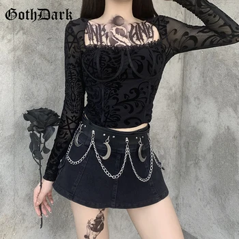 Goth Temno Gothic Čipke Mozaik Vintage T-shirt Estetske Ženske Črne Očesa Tiskanja Transparant T-majice Dolg Rokav Vrhovi Jeseni