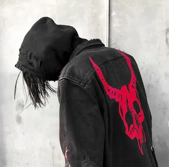 Harajuku Gothic Demon Hunter Lobanje black denim jakna moški punk Rock heavy metal Majica sudadera naramnice luknjo ulične