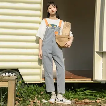 Jeseni leta 2020 moda korejskem slogu jumpsuit visoko pasu traper hlače naravnost svoboden girly priložnostne velik žep kombinezona so tanke