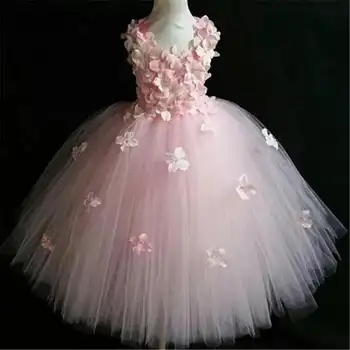 Kakovost Pink Princess Cvetje Venčni dekle poročno obleko dekleta Til Fuffy stranka Formalna obleka Princess Tutu Obleko vestidos