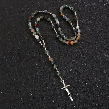KOMi Katoliške Naravnega Kamna Indijski Agates Ogrlice Pravoslavni Rožni Venec Križ Ogrlice Jezus Verske Molitev Nakit Collana R338