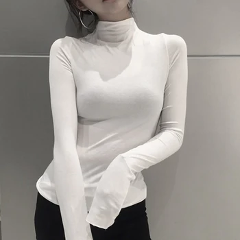 Korejski Harajuku Dolgo sleeved Dno Rokavi Ženske Barva Visok Ovratnik Slim Dno Ženske Majice Črno Bluzo Prijateljice