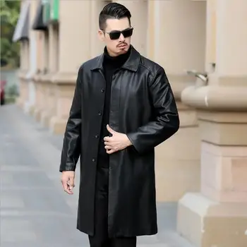 Krzno ovratnik usnjeni plašči moške dolg plašč mens usnje jarek coats jesensko zimski modni črno priložnostne oče nositi oblačila, M - 4XL