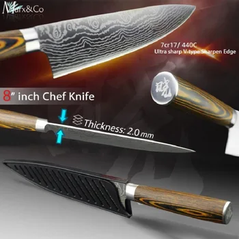 Kuhinjski Nož 8 Inch Kuhar Japonski Rezanje Santoku Cleaver 7CR17 1-7 nastavitev iz Nerjavečega Jekla Imitacije Damask Vzorec Kuhamo Orodje