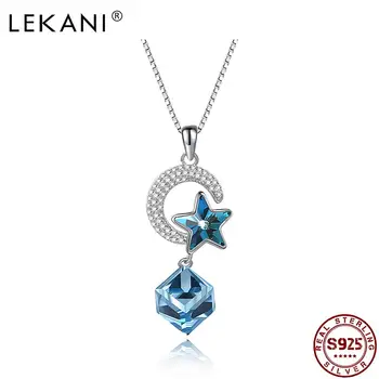 LEKANI Pravi 925 Sterling Srebrna Luna Star Ogrlica Za Ženske Modri Kvadrat, Avstrija Kristalno Dvojno Obesek Ogrlice Fine Nakit