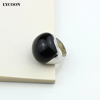 LYCOON Moda 316L iz Nerjavečega jekla nemoteno poliranje veliki črni kamen obroči žogo oblike kamen Oniks za žensko luksuzni obroč