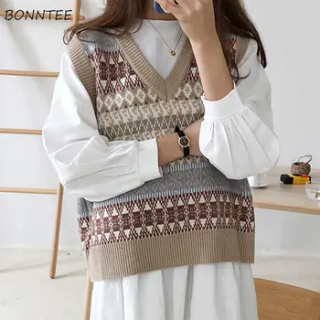 Majice Telovniki Ženske Pletene Mozaik Puloverju Proti-vrat Vse-match Znotraj Ženska Študentov v korejskem Slogu Harajuku Vintage Moda