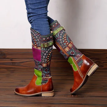 Moda Letnik Žensk Zahodnega Čevlji Luksuzni Ženske Kolena Visoki Škornji Klasičnih Pravega Usnja Cowgirl Čevlji Zapatos De Mujer 2.5